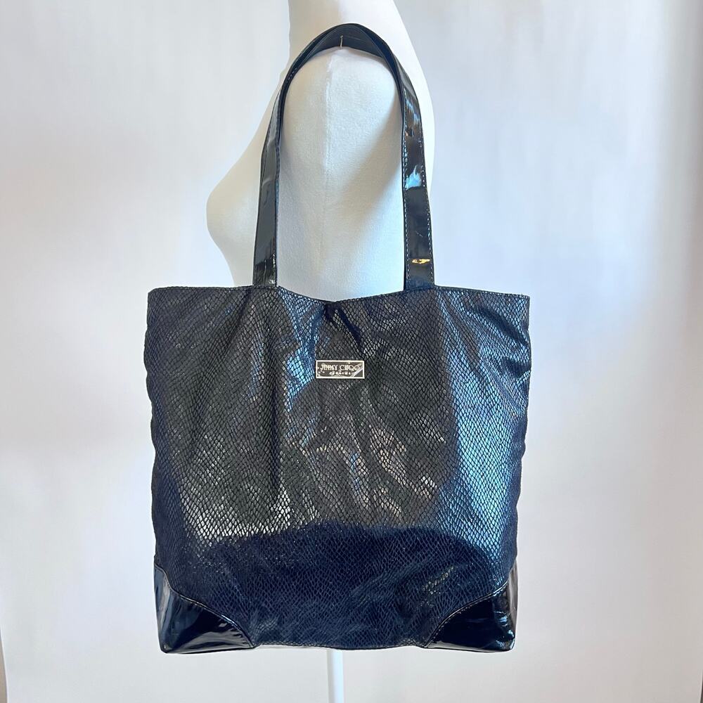 JIMMY CHOO PARFUM BLACK SPARKLE FAUX SNAKESKIN LARGE TOTE SHOULDER TRAVEL BAG
